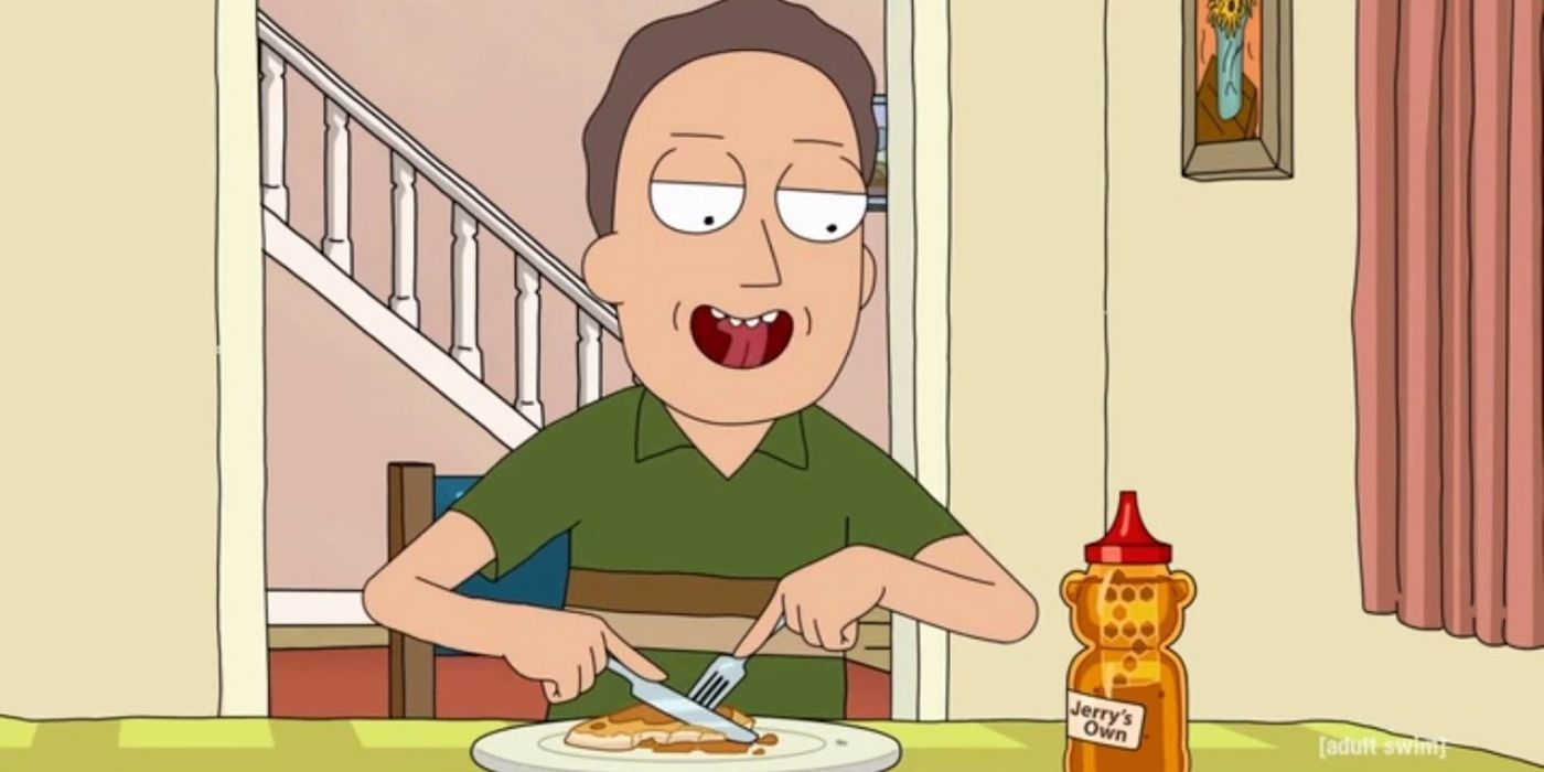 Jerry sorrindo enquanto toma café da manhã em Rick and Morty