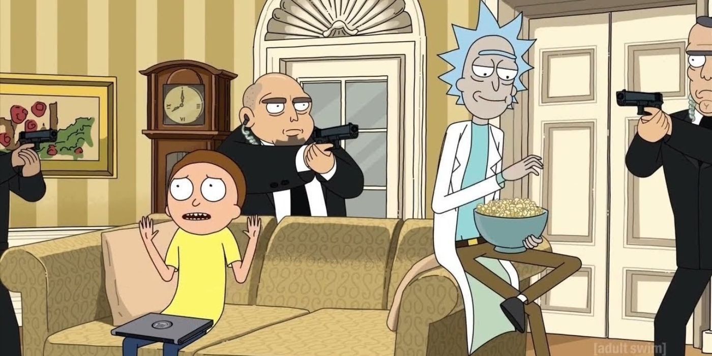 The secret service pointing their guns at Rick and Morty.