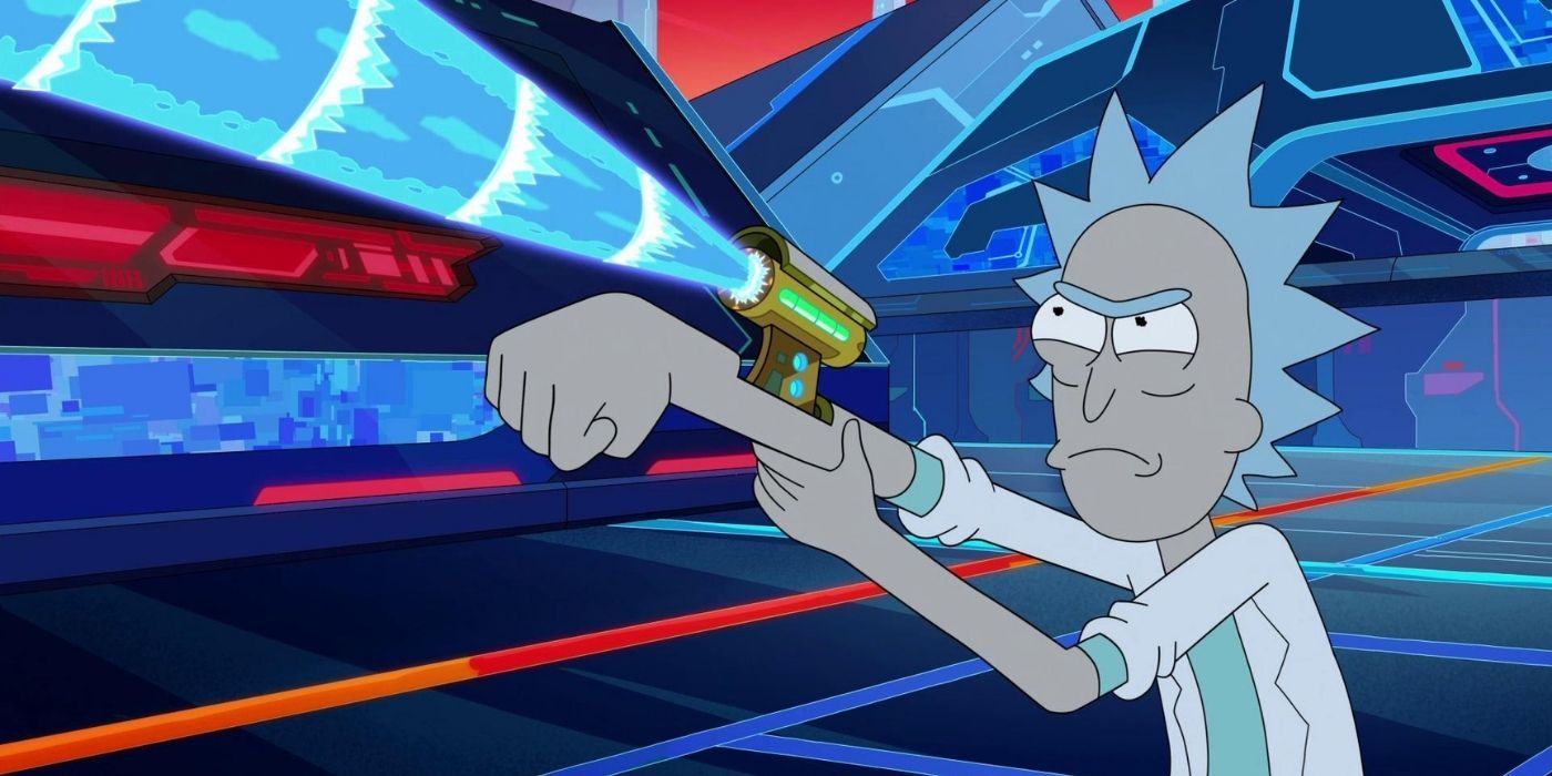 Rick fires a gun coming out of his arm in Rick and Morty