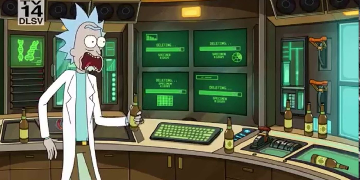 Rick em choque na frente de monitores em Rick and Morty