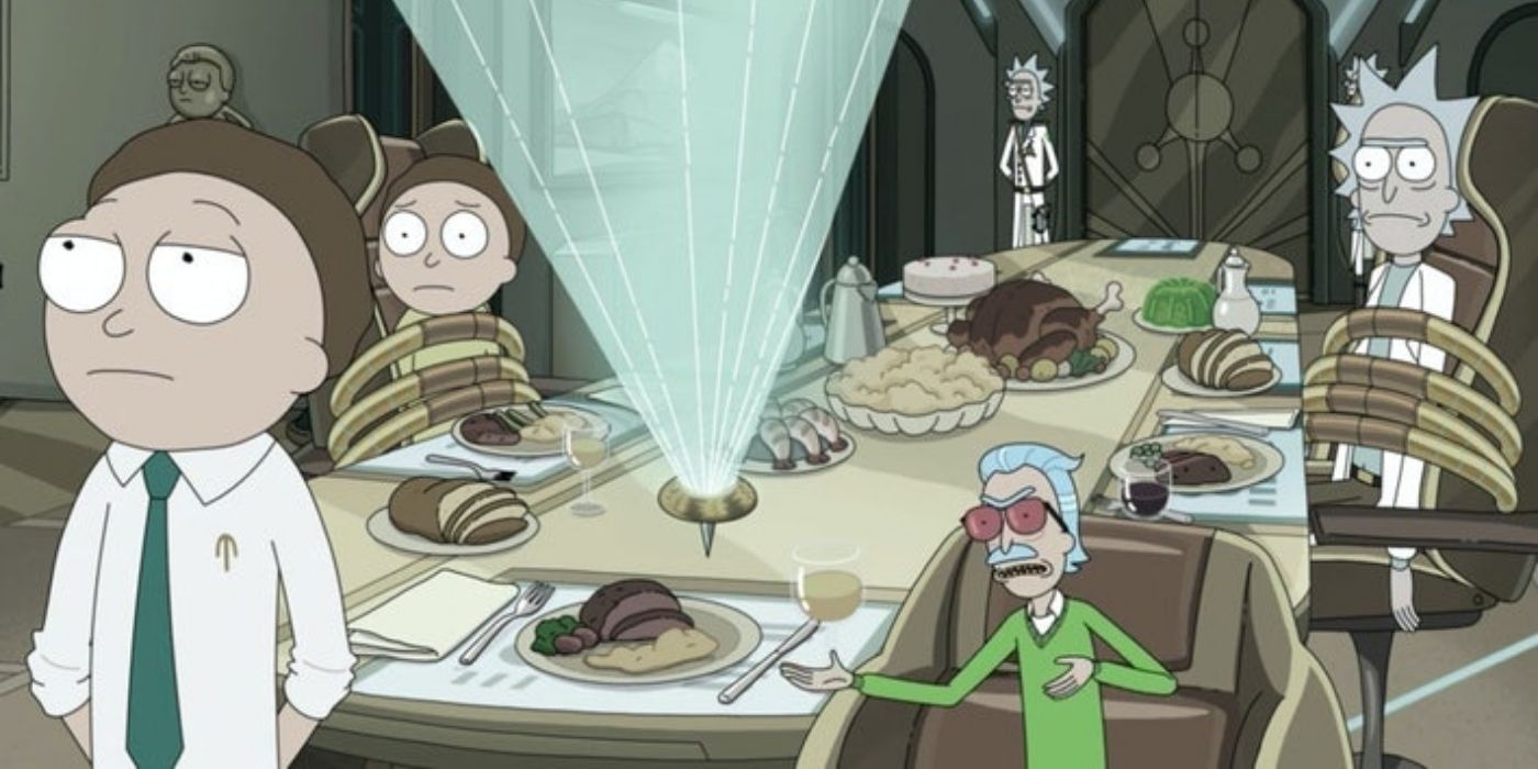 Rick and Morty at a dinner table with an evil Morty
