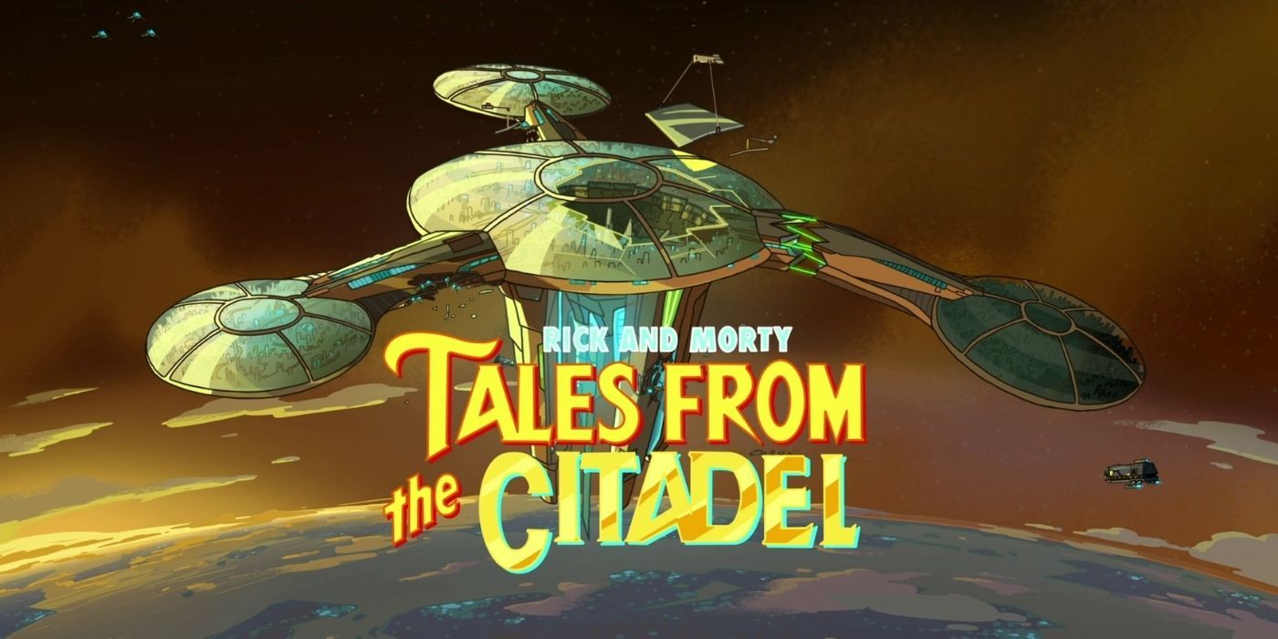 Um cartão de título com as palavras Tales from the Citadel em Rick and Morty