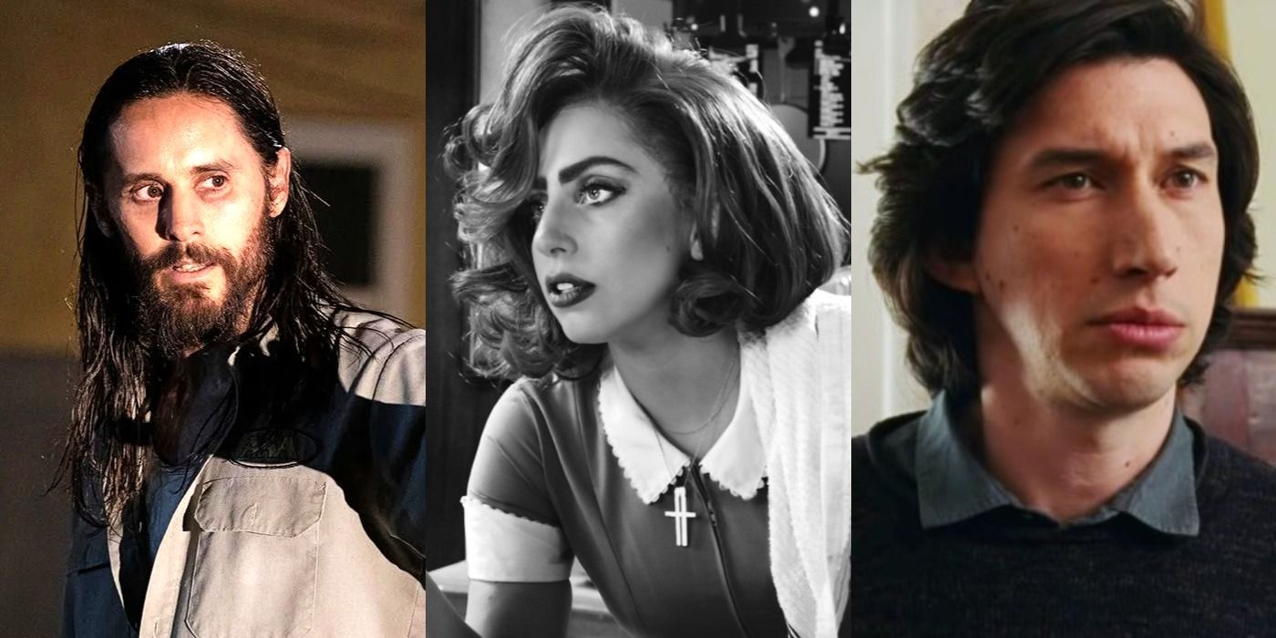 Split image of Jared Let, Lady Gaga in black and white, and Adam Driver.