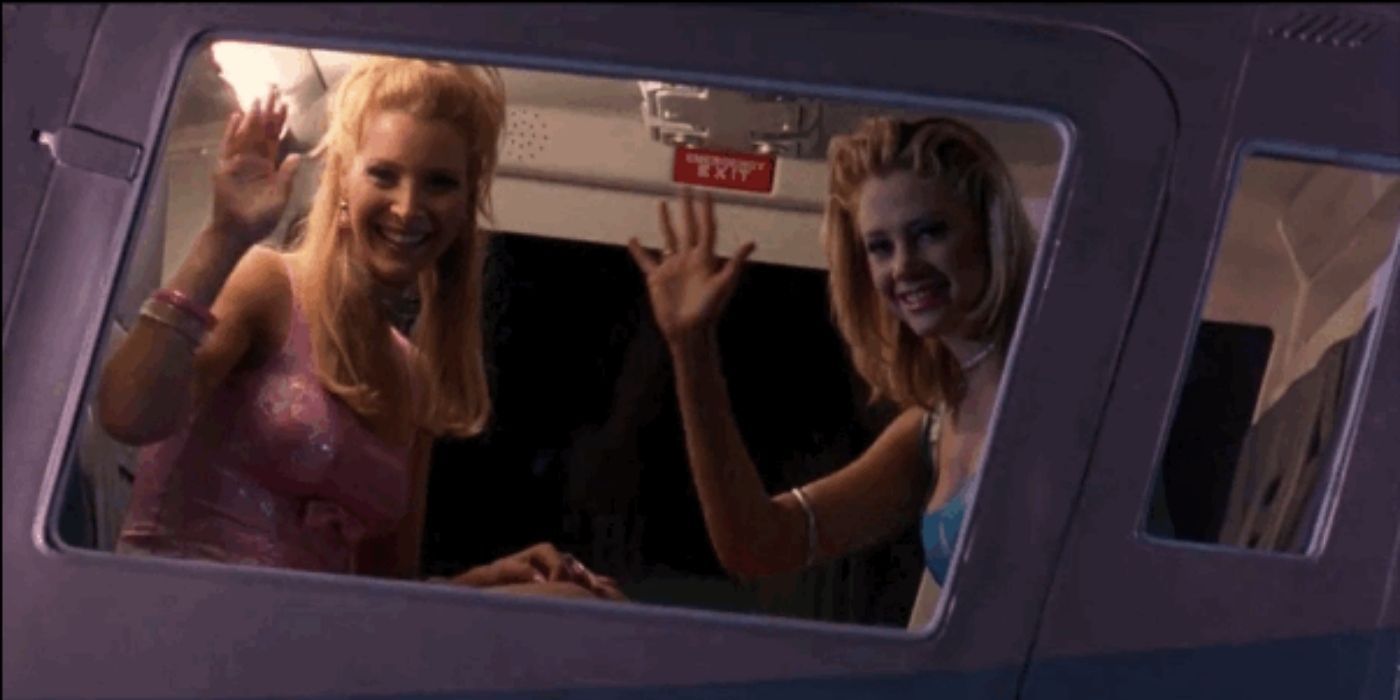 Romy and Michele say goodbye from the helicopter