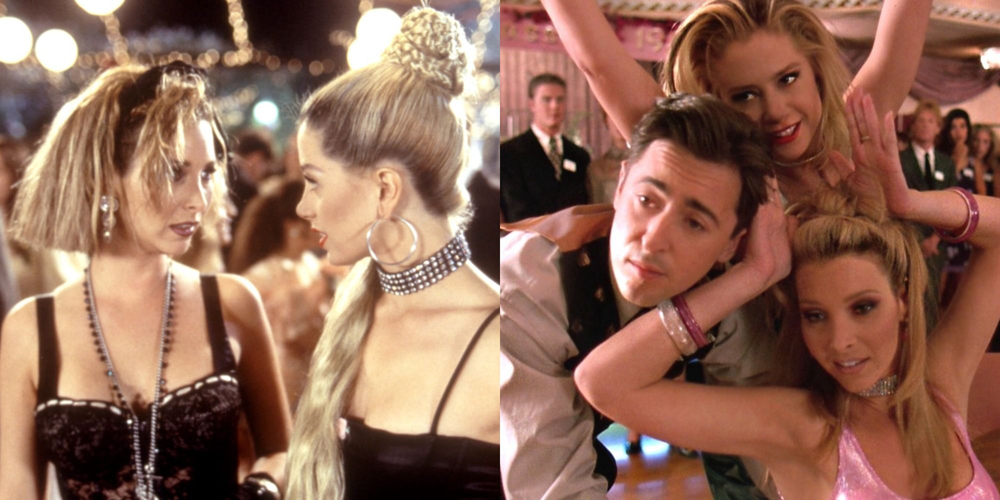 Split image showing Romy and Michele at their prom, and dancing with Sandy