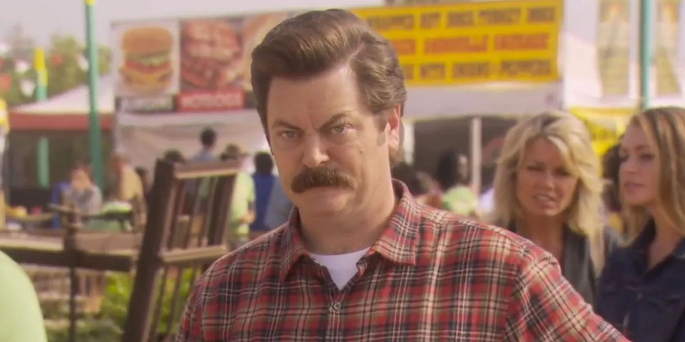 Ron Swanson looking irritated in Parks and Rec