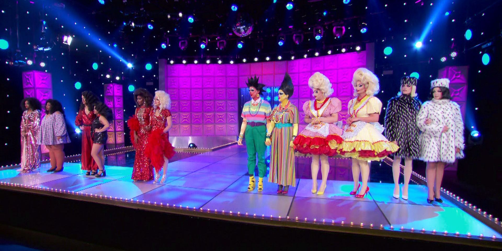 Six drag queens &amp; their makeover models stand on the runway in RuPaul's Drag Race.