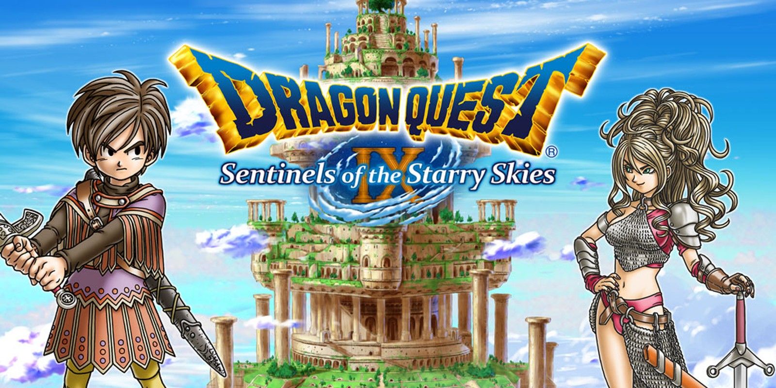 A boy holds a sword while a girl leans on hers in Dragon Quest IX: Sentinels of the Starry Skies.