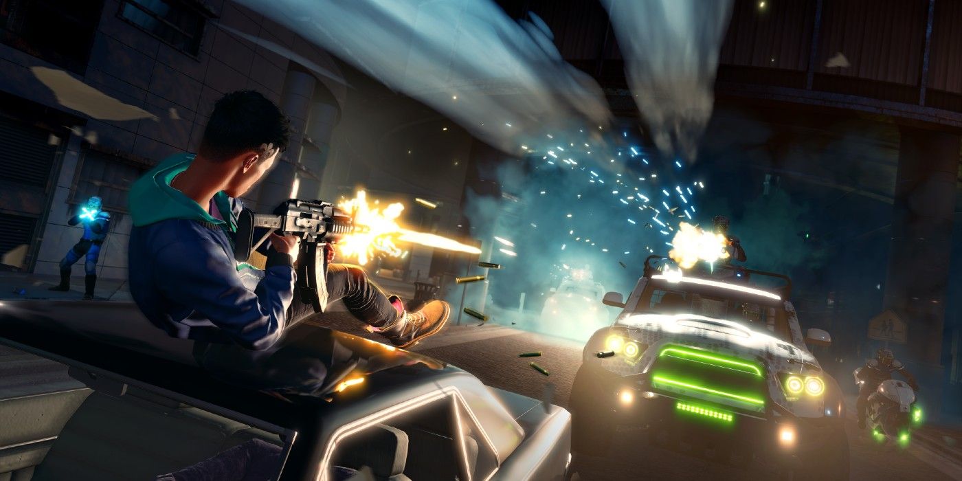 An image of a car chase and gunfight in the trailer for the Saints Row reboot.