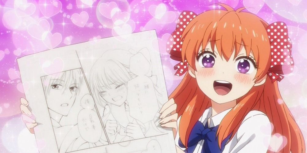 Sakura from Monthly Girls Nozaki Kun smiling and holding up a page of manga