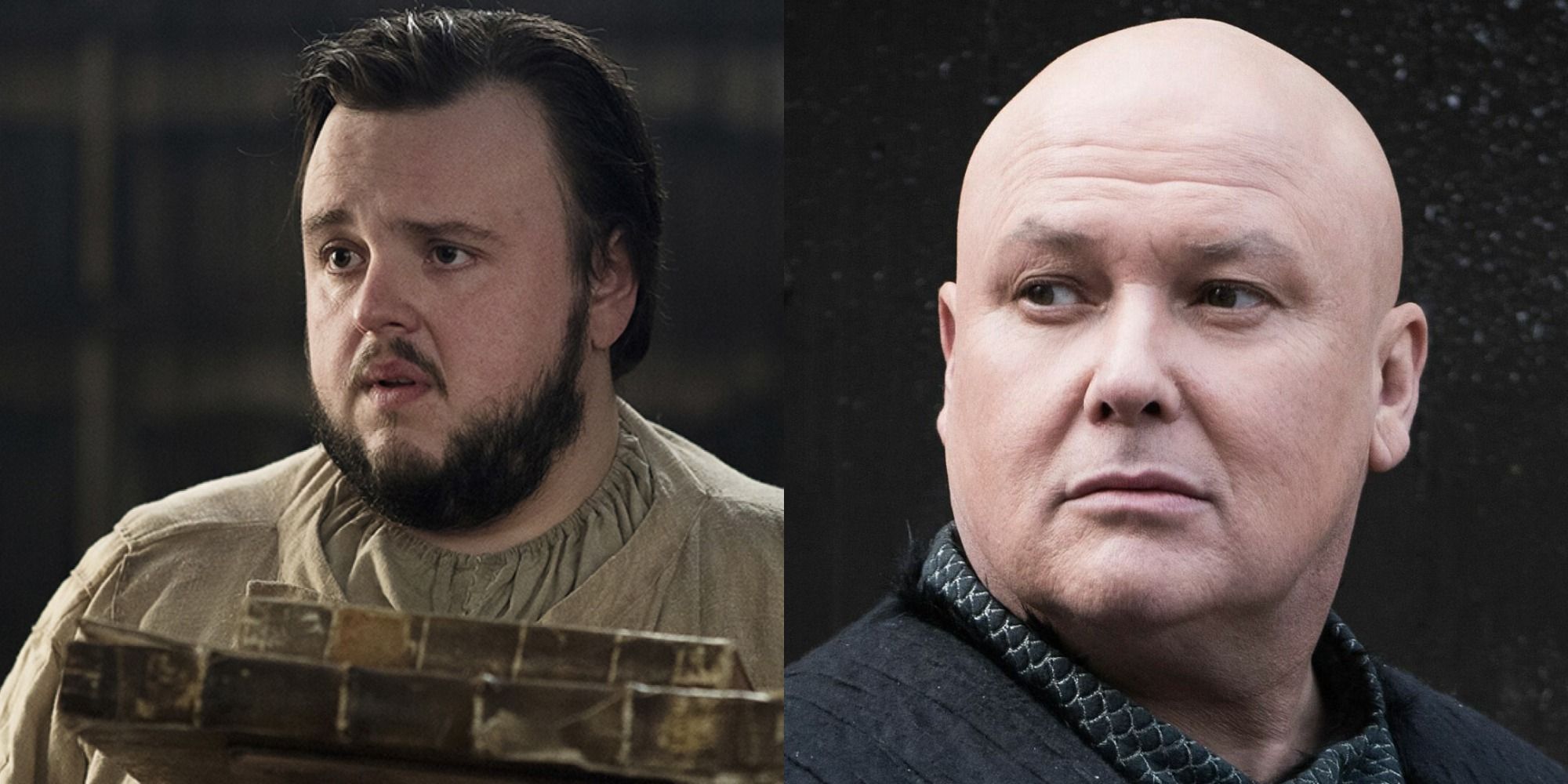Split image of John Bradley as Samwell Tarly and Conelith Hill as Vary in Game of Thrones
