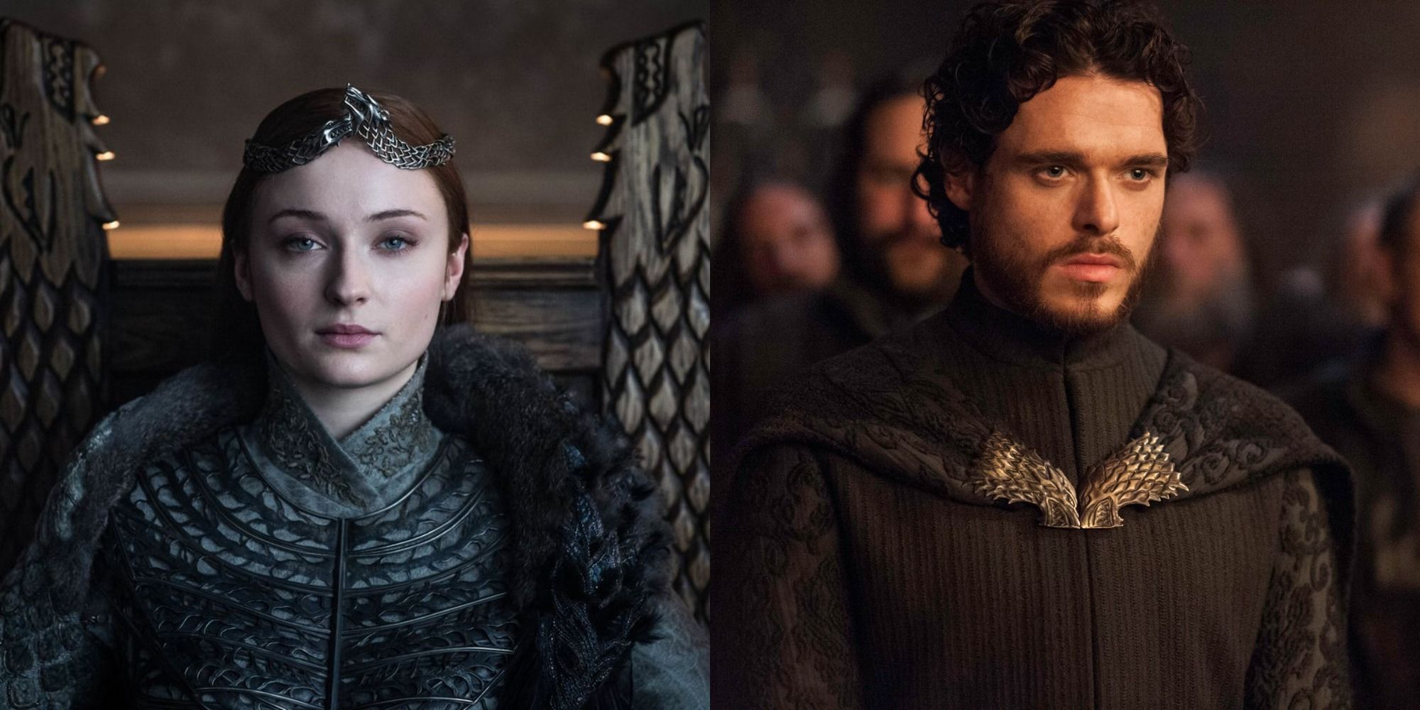 Split image of Sophie Turner as Sansa Stark and Richard Madden as Robb Stark in Game of Thrones