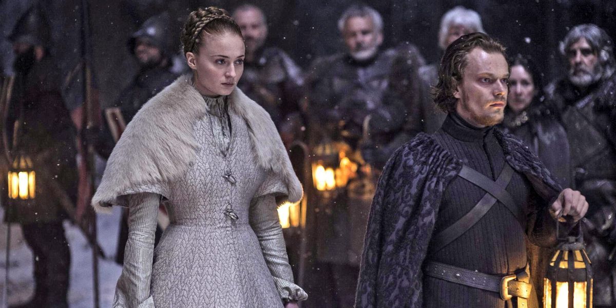 Theon walks with Sansa to give her away to Ramsay in Game of Thrones