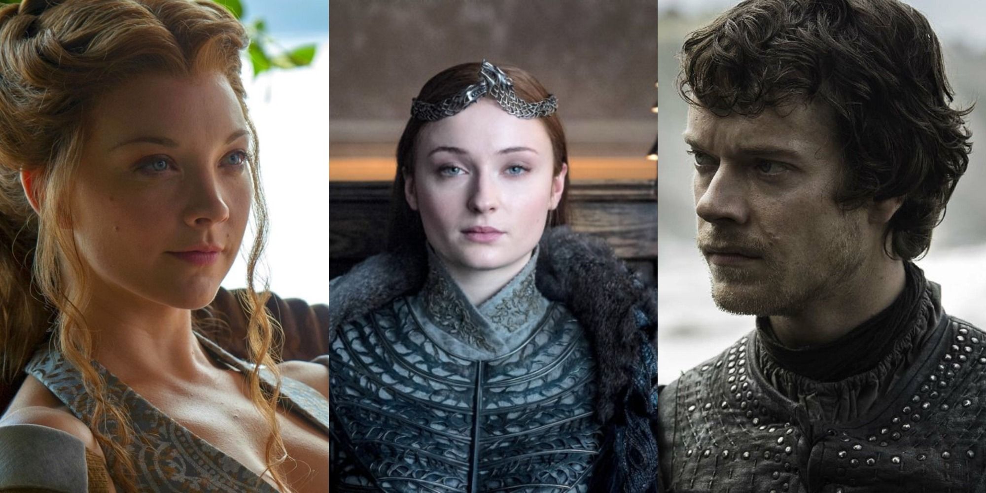 Split image of Margaery Tyrell, Sansa Stark and Theon Greyjoy in Game of Thrones