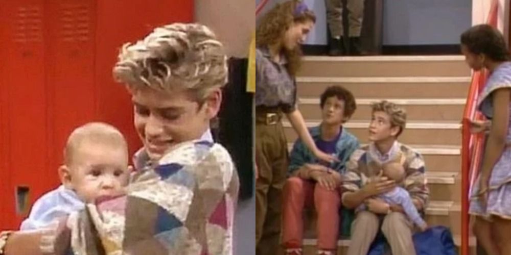 A split image depicts Zack carrying Billy and Zack sitting on the steps with Billy and his friends in Saved By The Bell