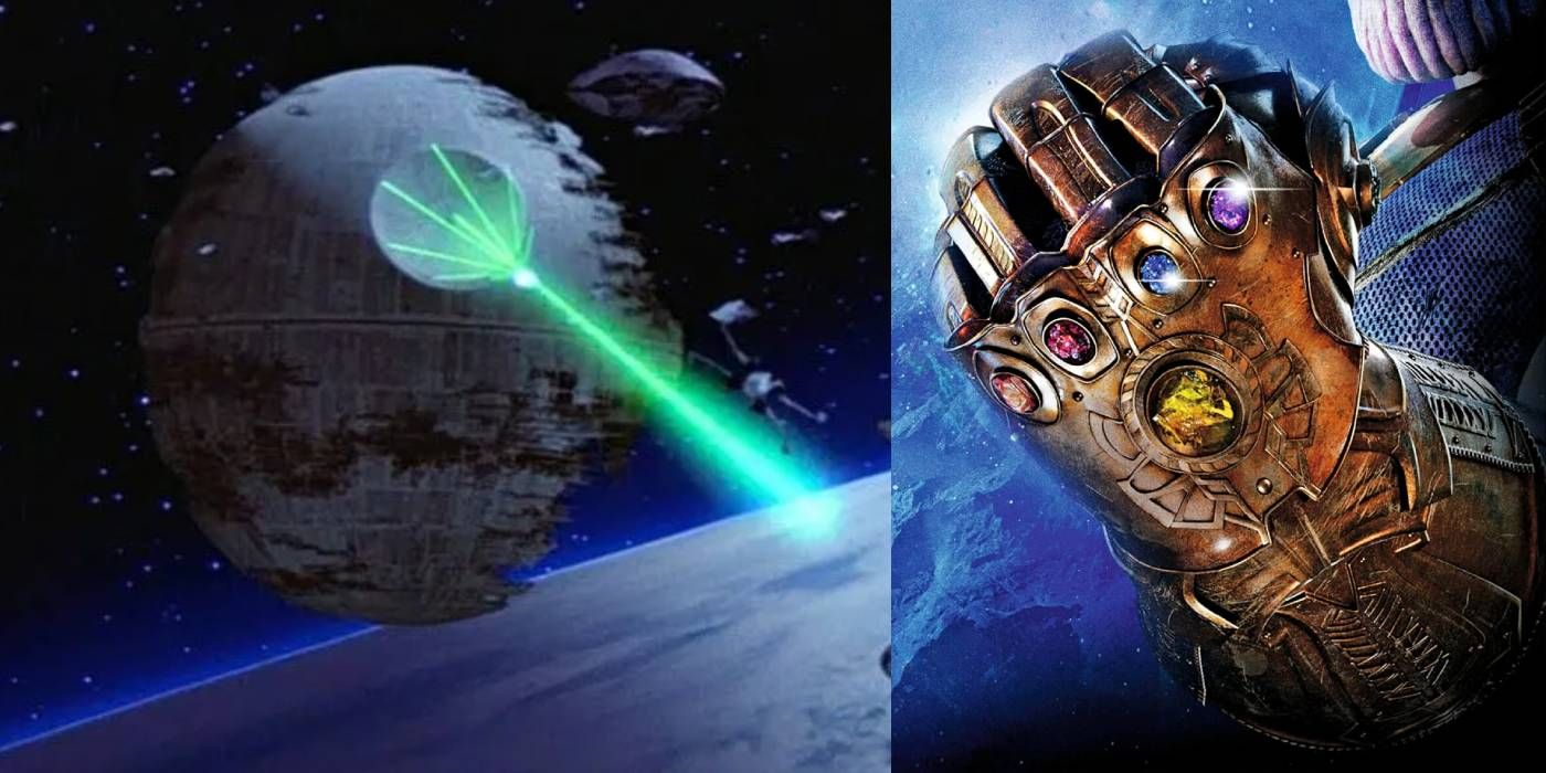 The Death Star destroys ships in return of the Jedi. Thanos grips the Infinity Gauntlet tightly.