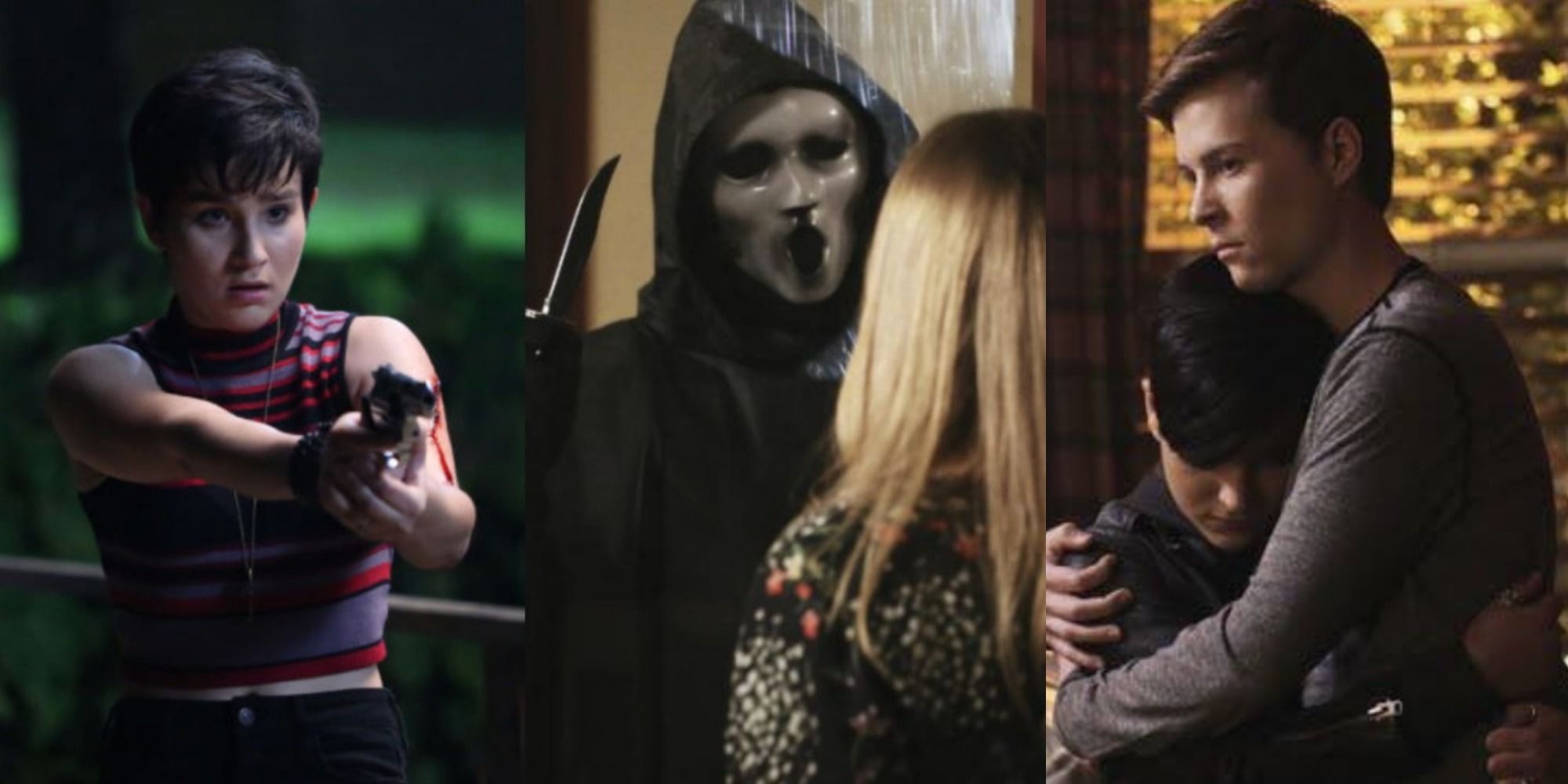A split image depicts Audrey, the Killer, and two people hugging in Scream