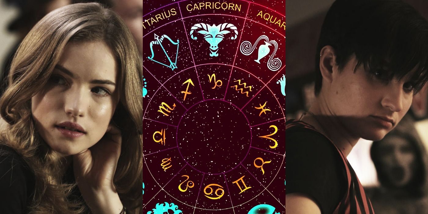 A split image depicts Emma in Scream The TV Series, a zodiac wheel, and Audrey in Scream The TV Series