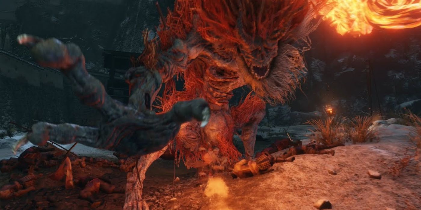 The Demon of Hatred prepares for battle with Wolf in Sekiro: Shadows Die Twice.