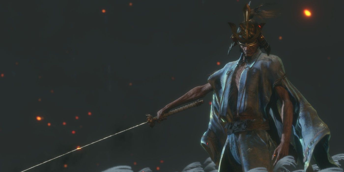 Isshin brande sua lâmina em Sekiro: Shadows Die Twice.