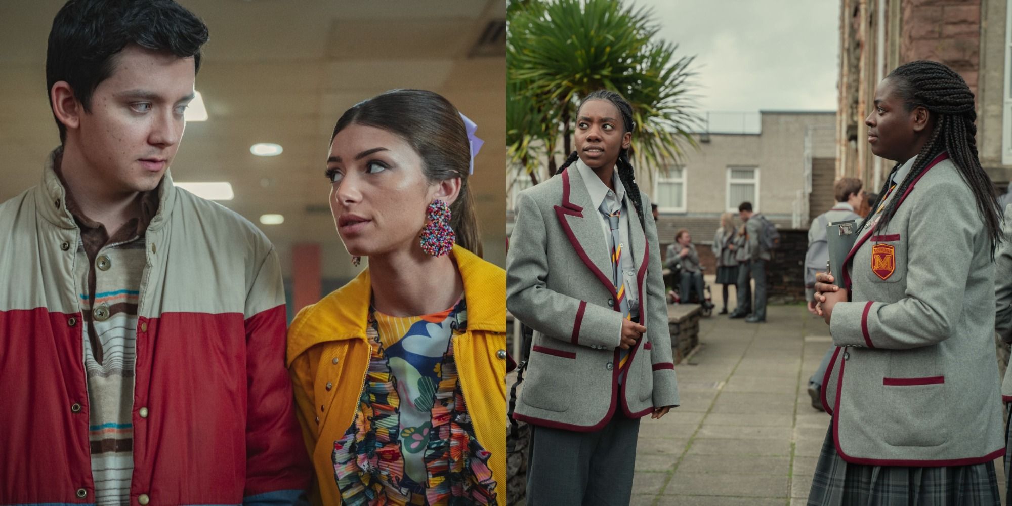Split image showing Otis and Ruby, and Cal and Viv in Sex Education Season 3