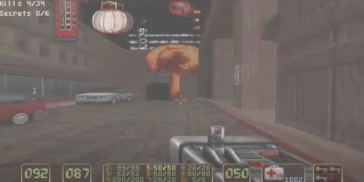 The player firing a nuclear warhead in the first person shooter Shadow Warrior.
