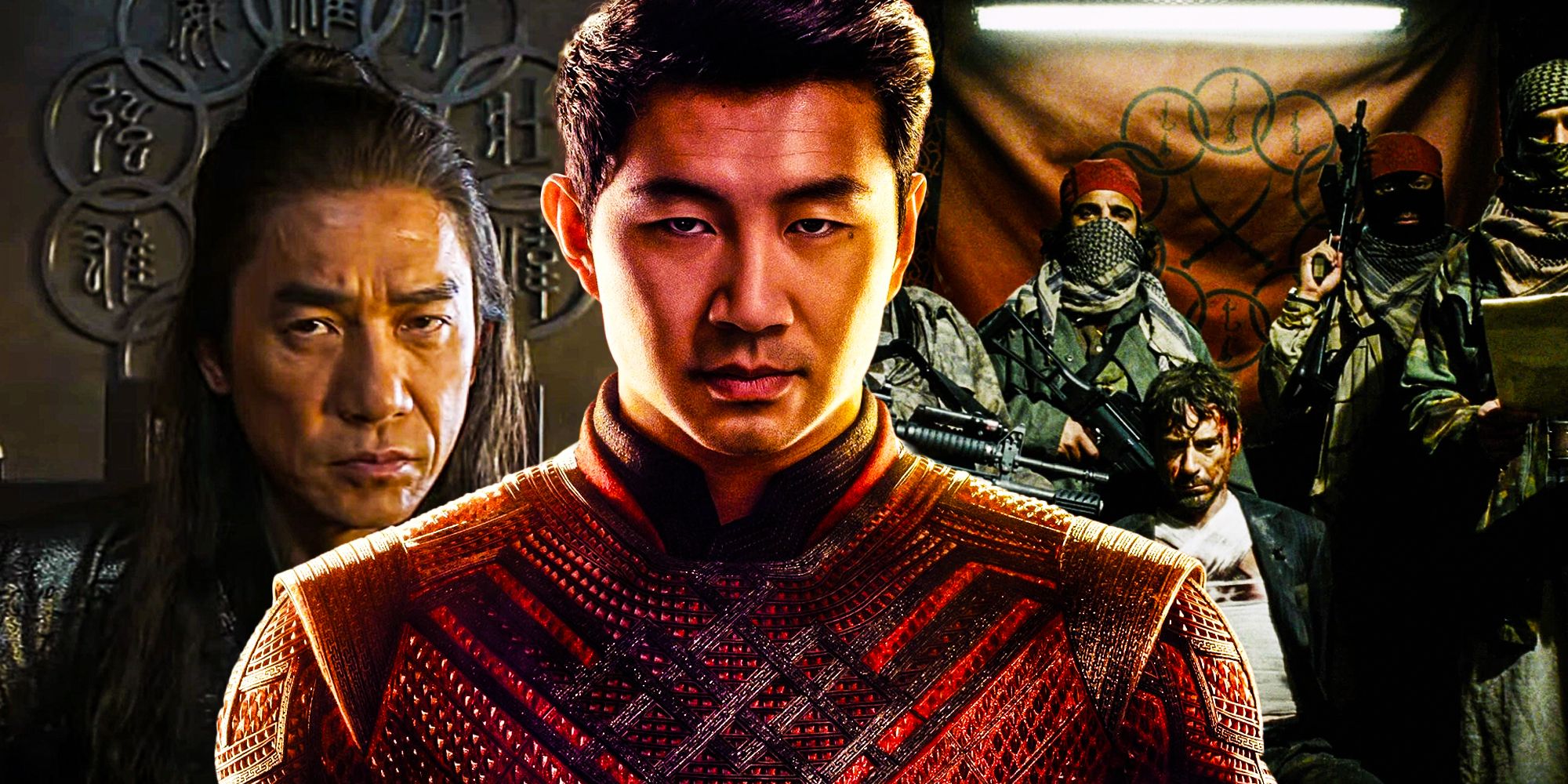 Imagen dividida de Wenwu, Shang-Chi y Ten Rings capturando a Iron Man