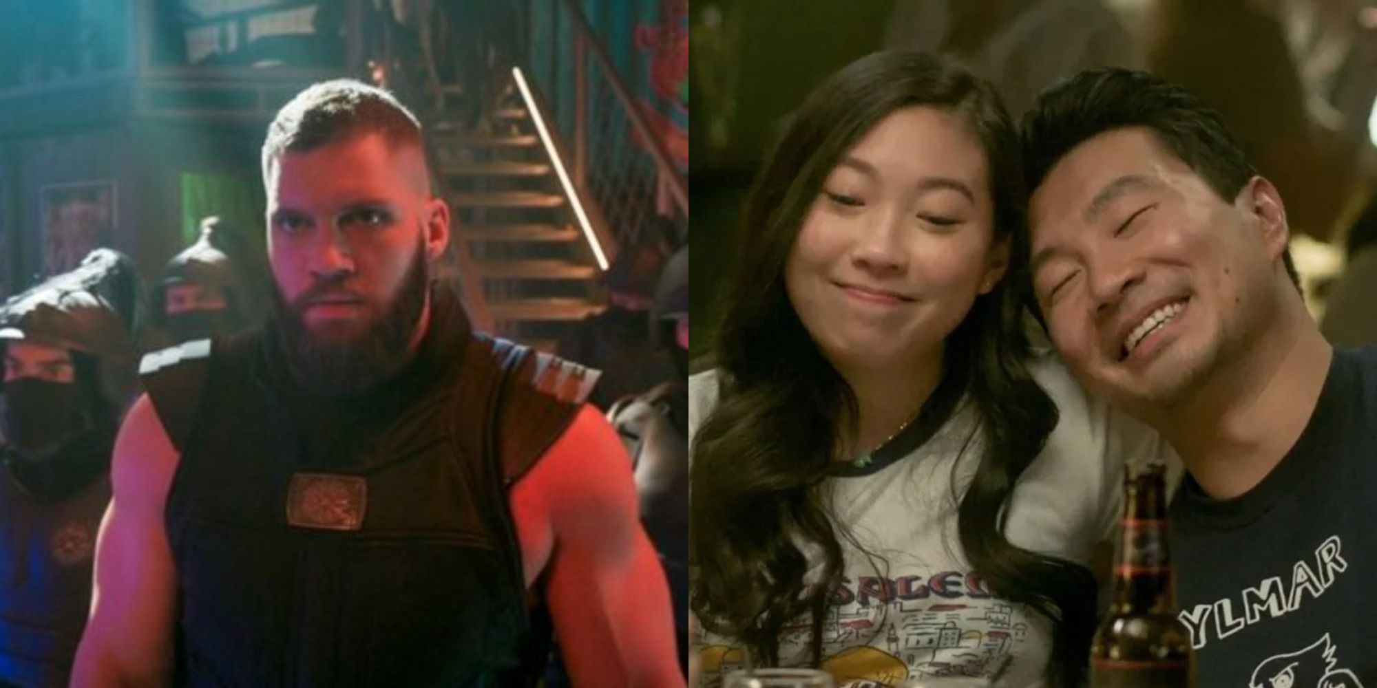 Split image showing Razor Fist, and Shang-Chi and Katy laughing