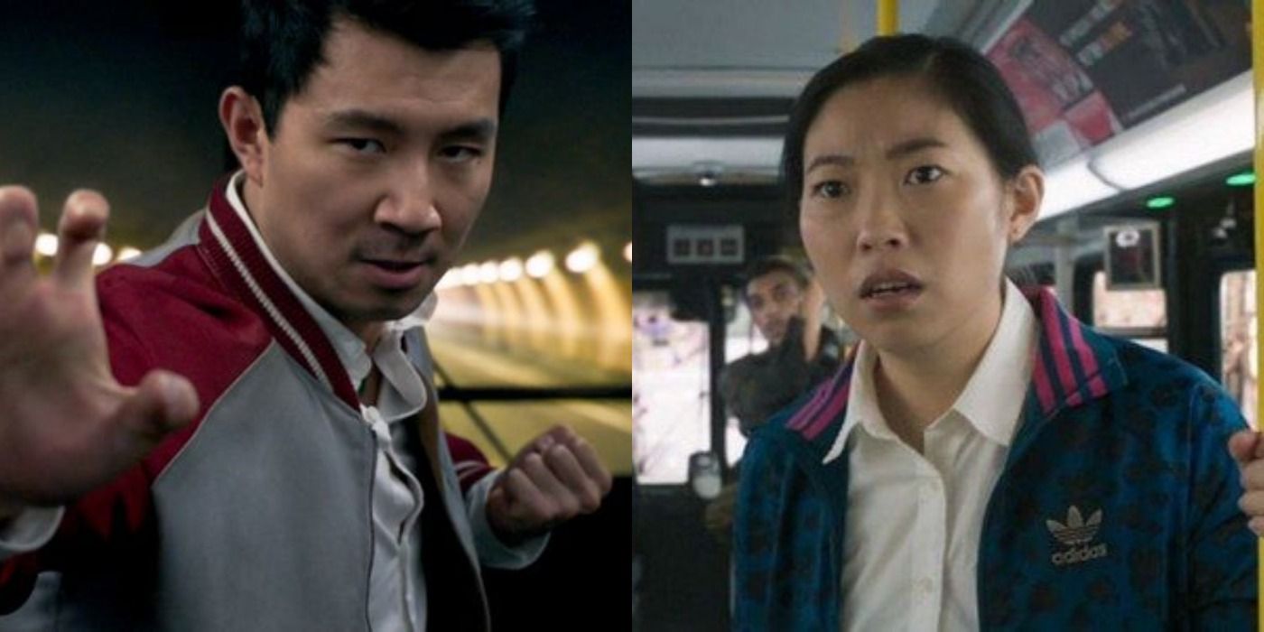 A split image of Shang-Chi prepares to fight and Katy looks surprised in Shang-Chi