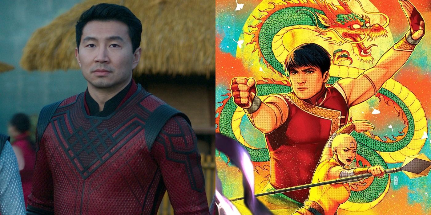 Split image: Shang-Chi in the Shang-Chi movie, Shang-Chi in the Shang-Chi comic book