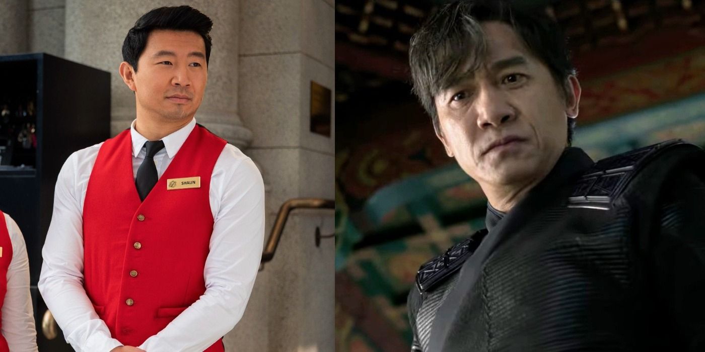 Split image of Shang-Chi working as a valet and Wenwu looking distraught