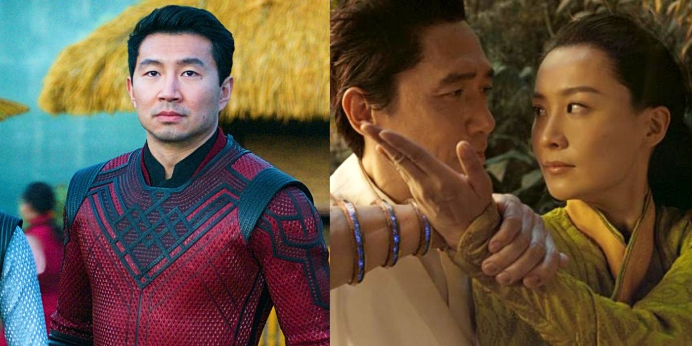 A split image of Shang-Chi looking determined and Wenwu holding Ying Li's hand