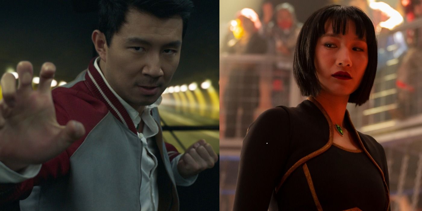 Split image: Shang-Chi prepares to fight and holds up his fist/ Xialing looks down in disappointment