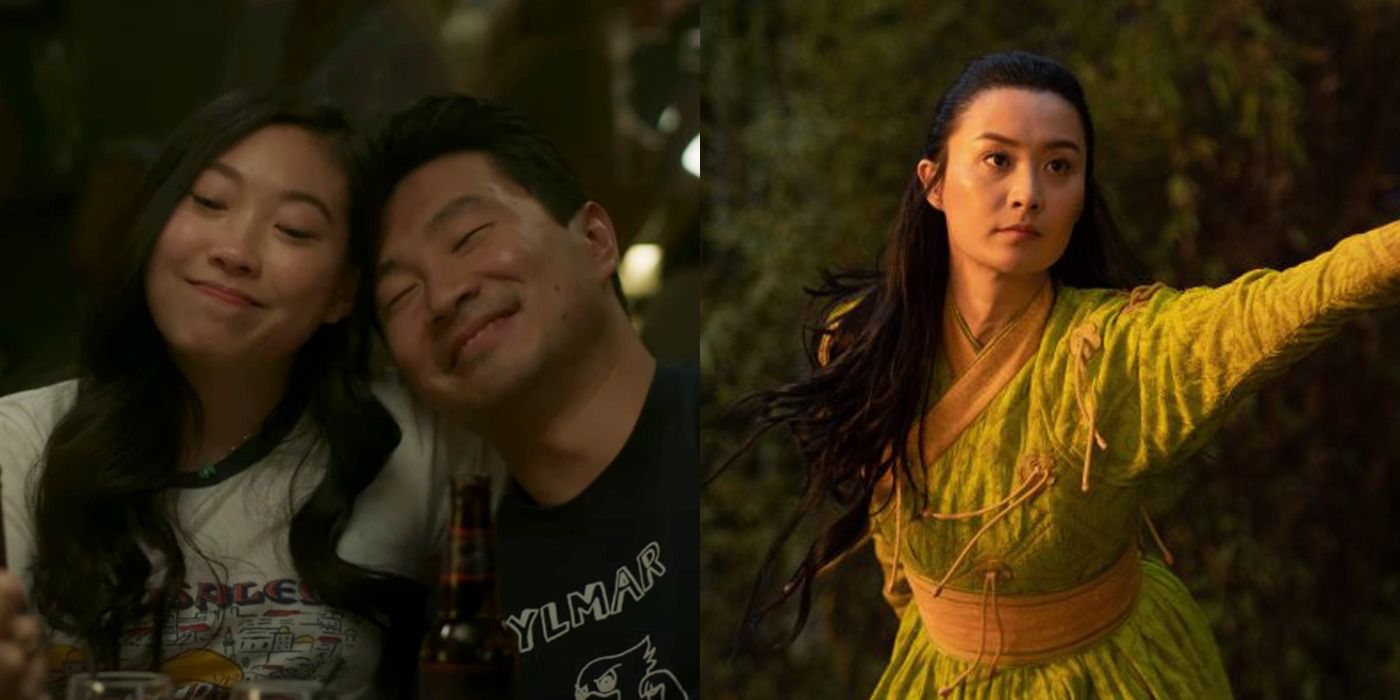 Split image of Shang-Chi and Katy have a laugh and Ying Li prepares to fight in Shang-Chi