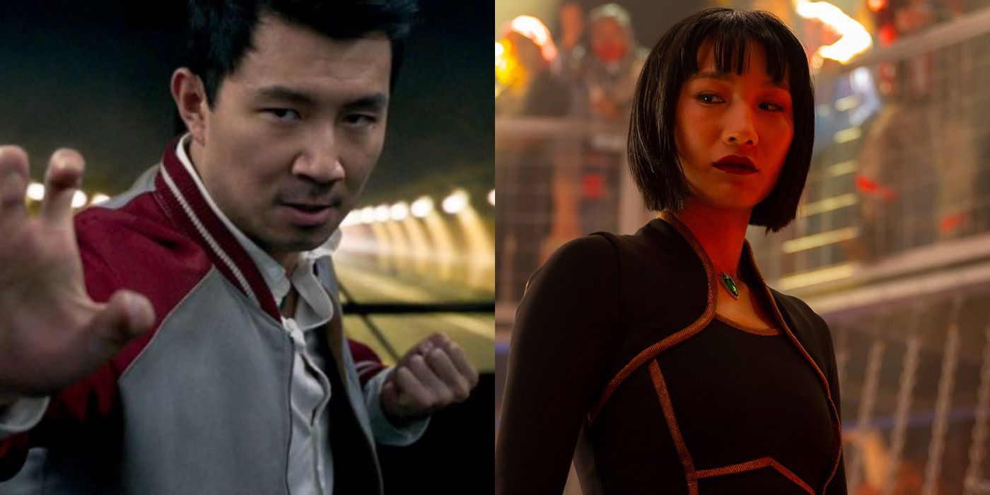 Split image: SHang-Chi gets ready to fight/ Xialing in the fight club