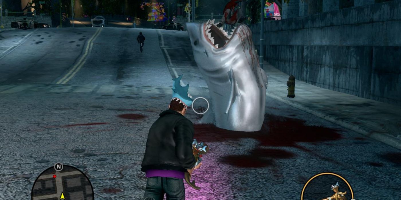 Player using the Shark-O-Matic to summon a shark in Saints Row The Third.
