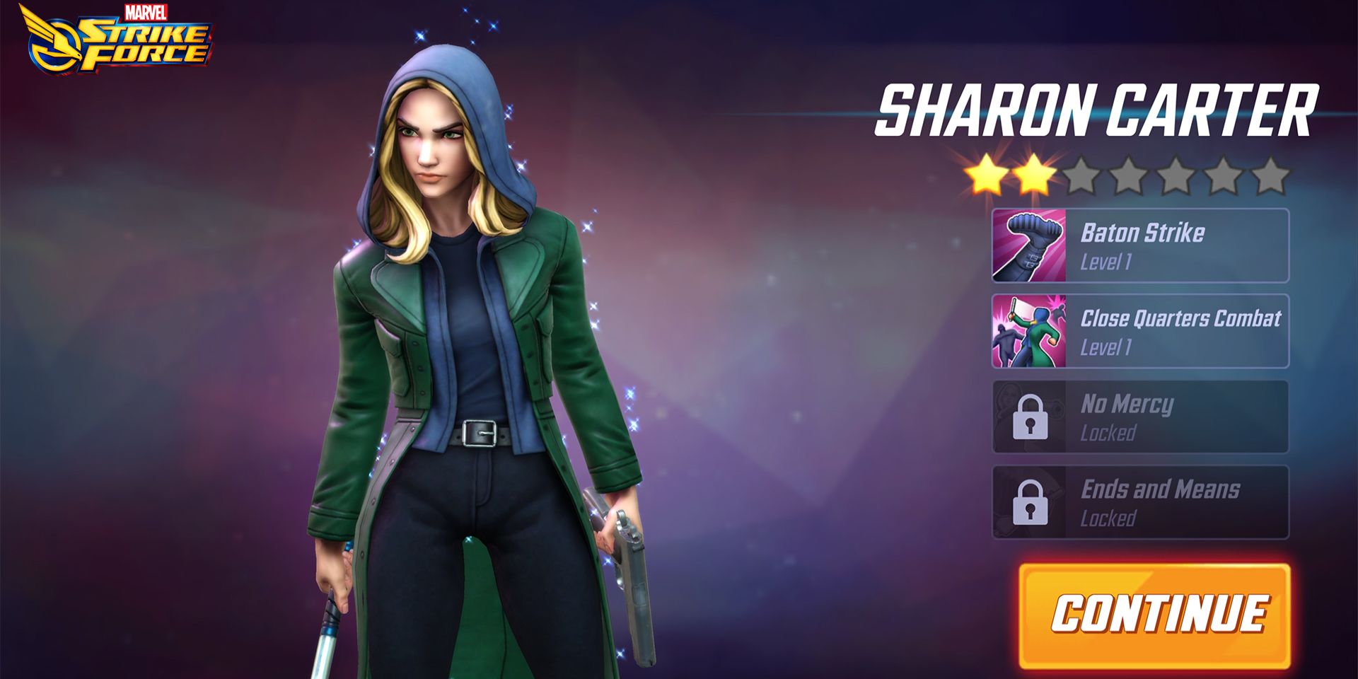 Character selection menu with Sharon carter holding guns in Marvel Strike Force.