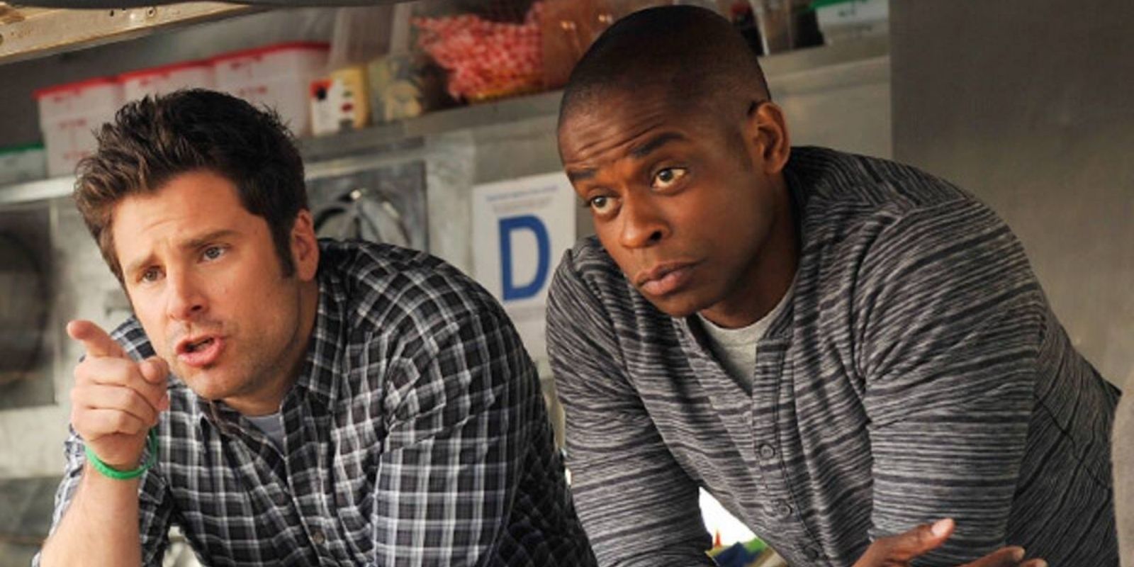 Shawn Spencer and Burton Guster in their food truck in Psych