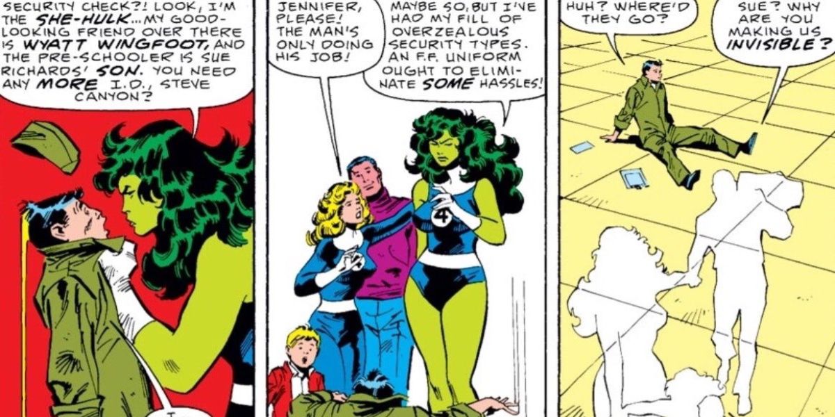 She-Hulk agarra um cara pelo colarinho enquanto a Mulher Invisível assiste em um quadrinho do Quarteto Fantástico.
