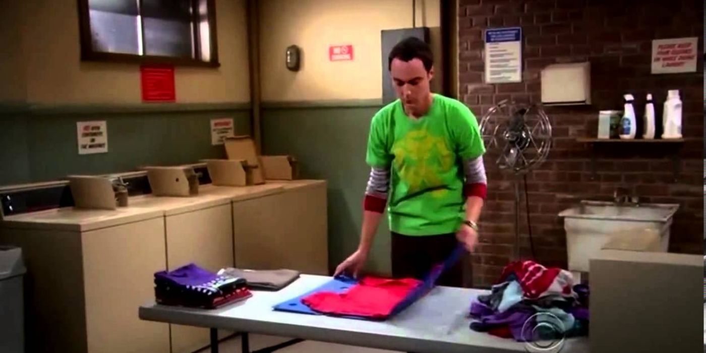 Sheldon folding clothes on The Big Bang Theory