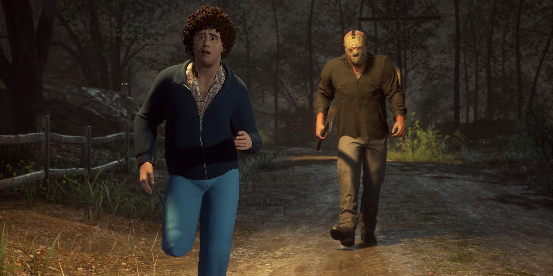 Sheldon runs away from Jason at night in Friday the 13th: The Game.