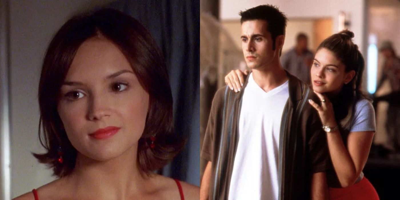 Split image of Laney in red dress and Zack and Taylor in She's All That