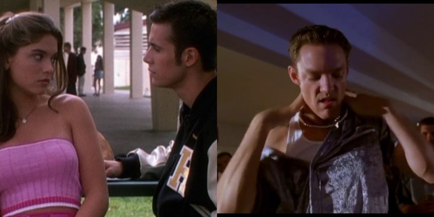 Split image of Taylor and Zack sitting together and Brock dancing in She's All That