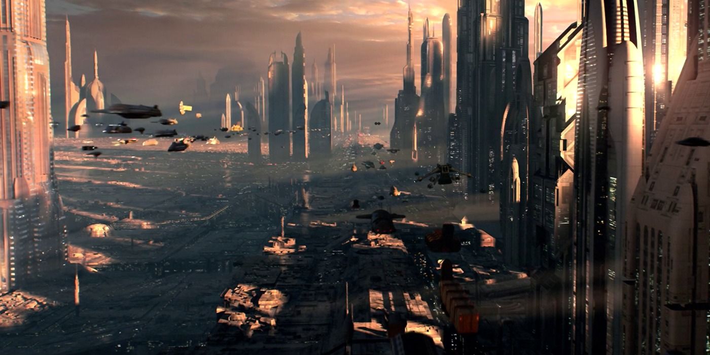 Ships form traffic in the Coruscant skylanes in Star Wars