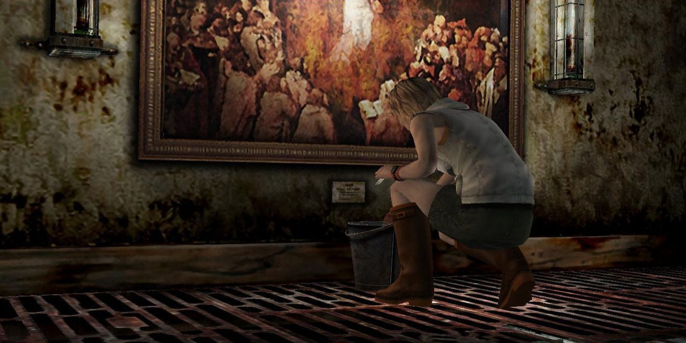 Heather crouches on the ground in front of an oil painting in Silent Hill 3.