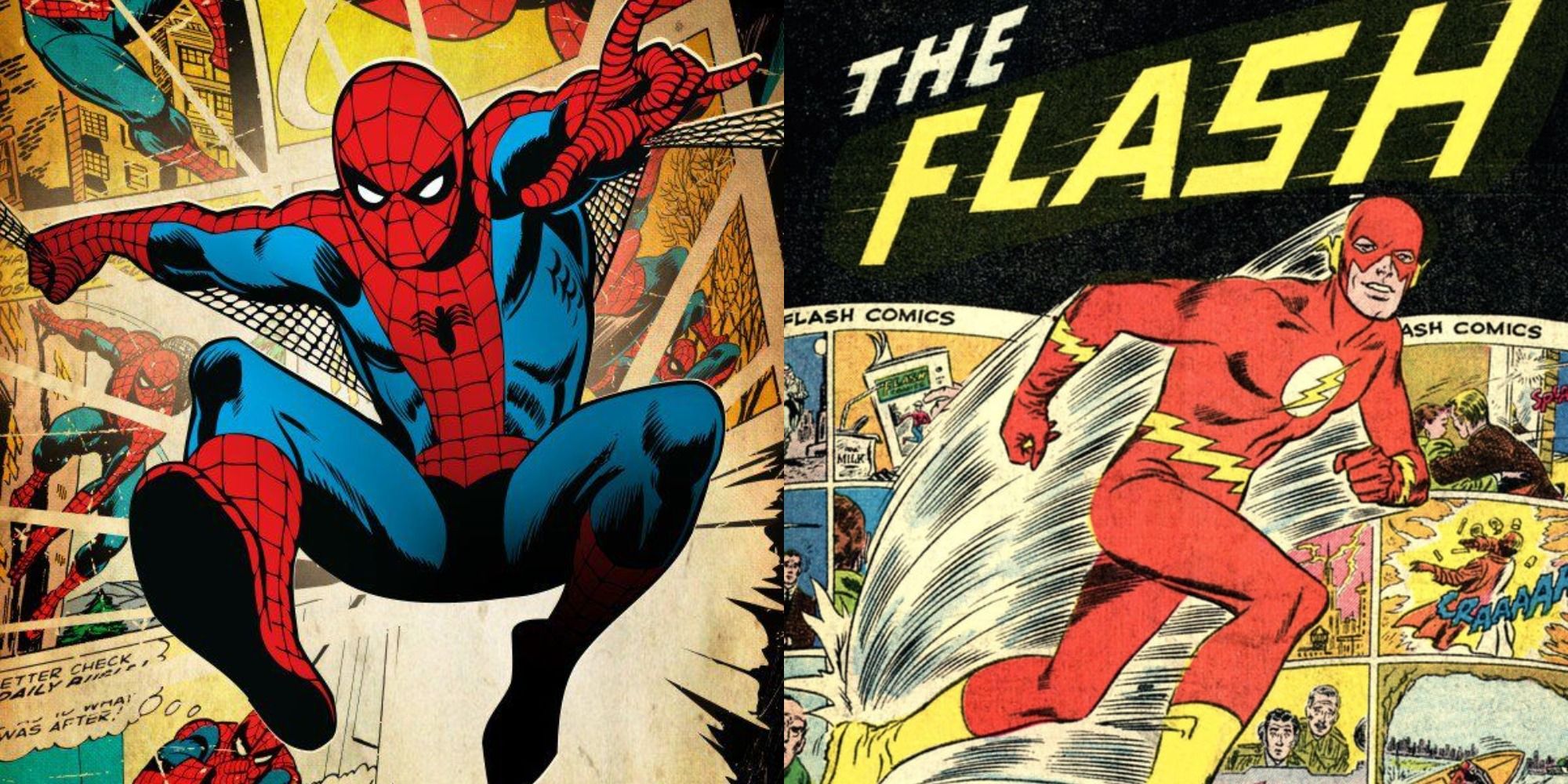 Split image showing Spider-Man and Flash in Silver Age comics