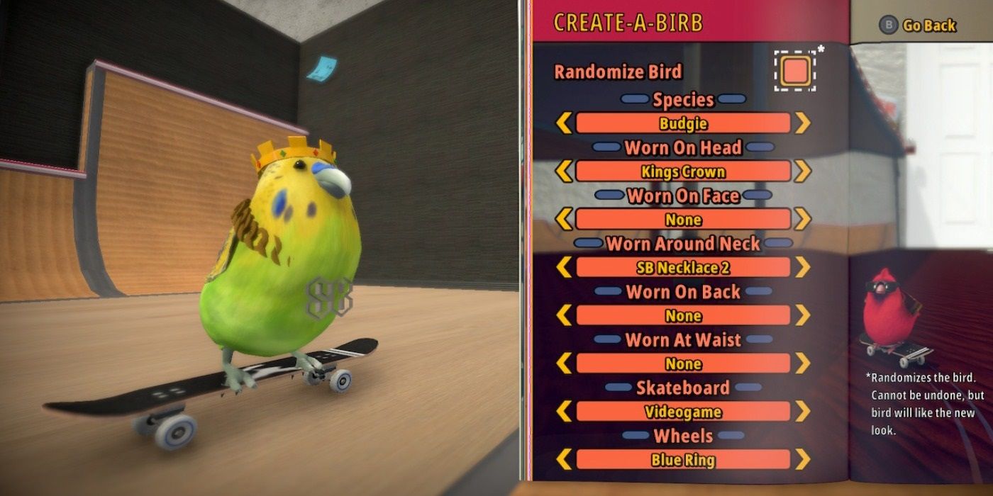 SkateBIRD Bird Selection Screen