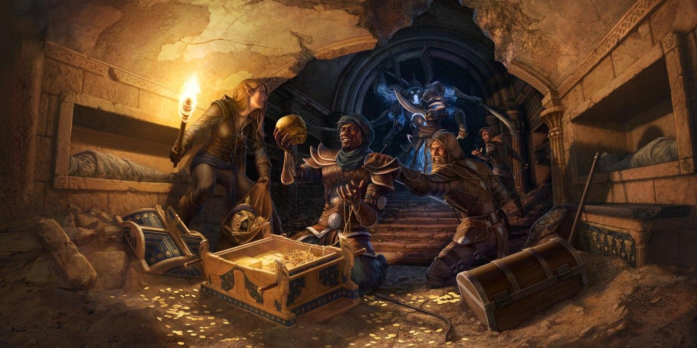Art from The Elder Scrolls Online showing three characters plundering treasure chests in a crypt, while a magical foe appears through a portal behind them.