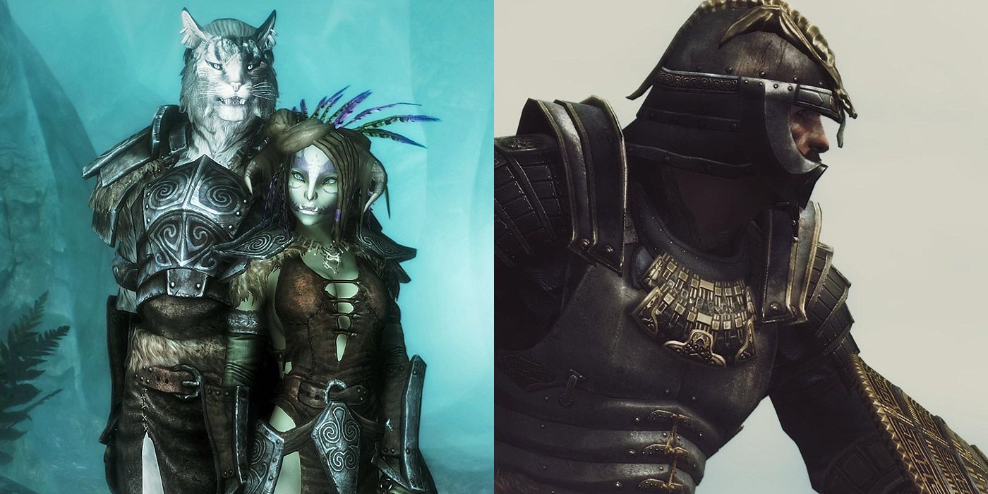 Split image of an Orc and Khajit in armor, and a heavily armored soldier in Skyrim
