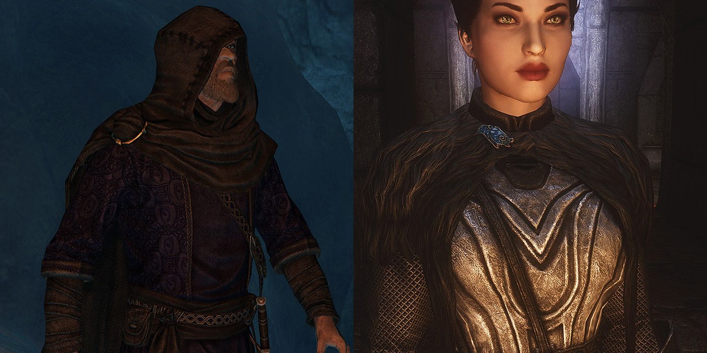 Split image of a mage and a woman wearing new clothing in Skyrim